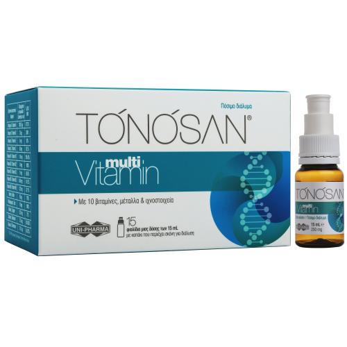 Tonosan Multi Vitamin Συμπλήρωμα Διατροφής με 10 Βιταμίνες, Μέταλλα & Ιχνοστοιχεία σε Πόσιμο Διάλυμα για Ενέργεια, Τόνωση & Προστασία, Γεύση Φρούτων 15x7ml